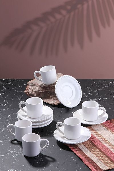 Akkoyunlu home Beaded White Turkish Coffee Cup Set for 6 People - Luxury Ceramic Coffee Cup