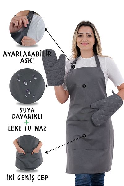 sevilya Gloves Set of 3 - Kitchen Apron with Adjustment Strap and Pocket (2 Gloves) Chef, Waiter, Cafe Cook Barista