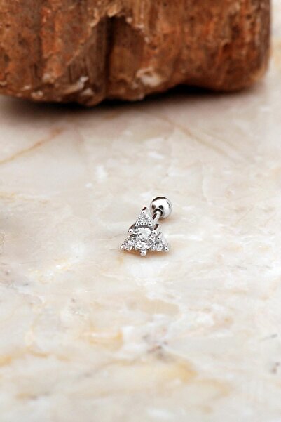 Sümer Telkari Üçgen Taşlı Rodyumlu Gümüş Tragus Küpe 7080