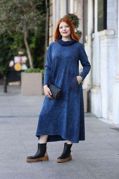 AYASOFYA OTANTIK Rochie de damă, albastru bleumarin, tricotaje din bumbac - guler șal și detaliu buzunar