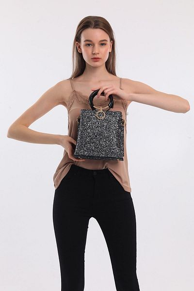 Evident Platinum Stone Patterned Ring Handle Chain Hand and Shoulder Women's Bag