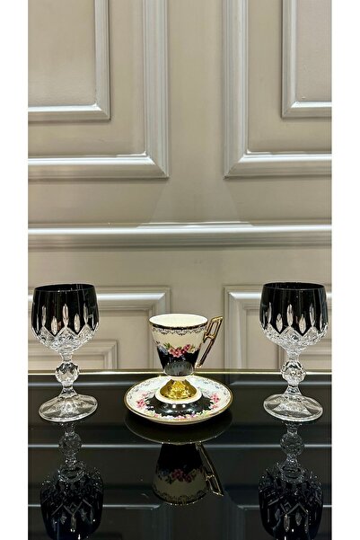 Bohemia Kristal Siyah Renk Maskeli Küpeli Model El İşi Kahve Yanı Su Bardağı