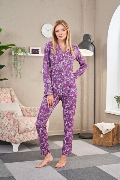 PJS 23504 Kadın Desenli Düğmeli Pijama Takım