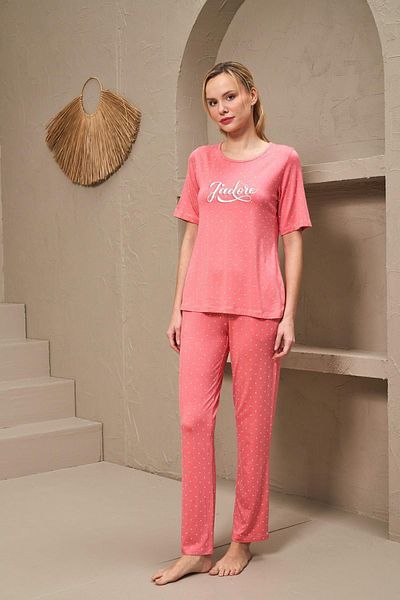 PJS 25165 Set de pijamale cu mâneci scurte, cu gât rotund, cu buline
