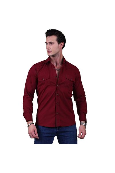 Exve Exclusive Burgundy Single Color Cotton Lycra Double Pocket Flap Slim Fit Western Shirt