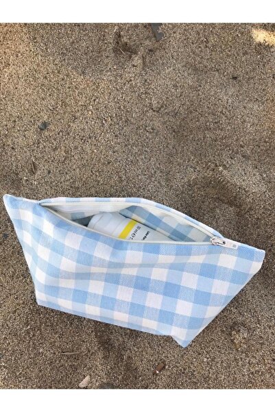 sumicorn Buz Mavi Pötikareli Yıkanabilir Fermuarlı Tek Gözlü Bez Kalemlik Kalem Kutusu Cüzdan Makyaj Çantası