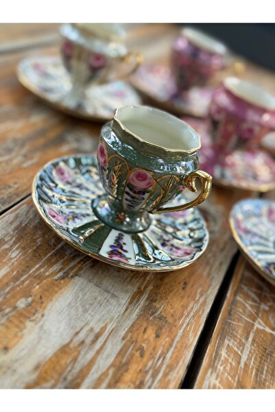 Handmade ESTERHOMEDECOR 6 kişilik el boyama porselen kahve fincan takımı