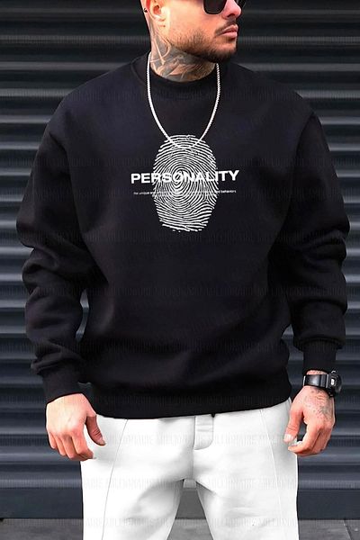 Millionaire Μαύρο ανδρικό φούτερ Fleece - 0 Crew Neck, Oversized Cut, Personality Printed
