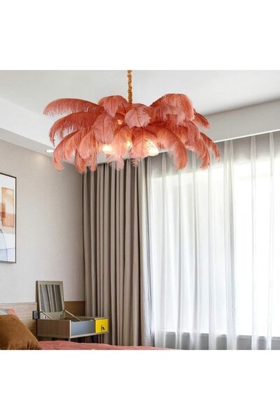 HALKEDON DESIGN Gül Kurusu Deve Kuşu Tüyü Avize