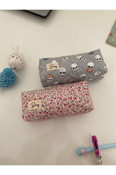 Daisy Gray and Pink Square Pencil Bag - Skull Design