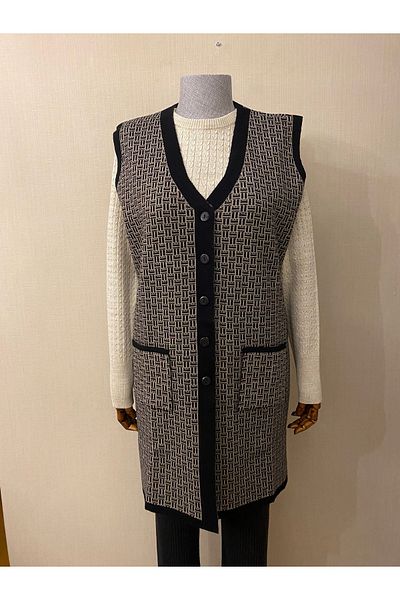 TEK Patterned SINGLE Knitwear Double Color Young Mother Vest / Black Mink
