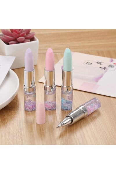 Pembe Çarşı Sulu Simli Açık Yeşil Ruj Tasarımlı Tükenmez Kalem