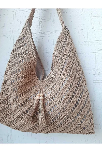 zümal tekstil tasarım Women's Shoulder Bag - Hand Knitted, Paper Thread, Large Size, Straw Color