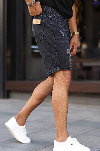Genel Markalar Boyfriend Rahat Kalıp Siyah Yırtık Model Kot Kapri Şort