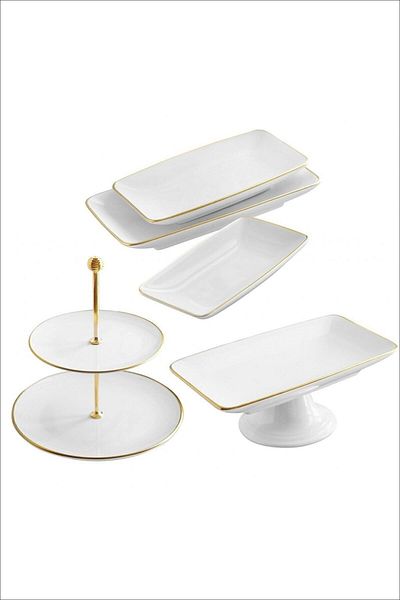 GÖNÜL 5 Piece White Gold Cake Serving Plate Set