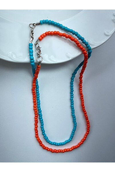 DERYA Kadın Ikili Turuncu & Mavi Boncuk Kolye