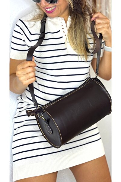 Tuvita Collection Bodrum %100 gerçek deri el yapımı silindir bowling kahveren...