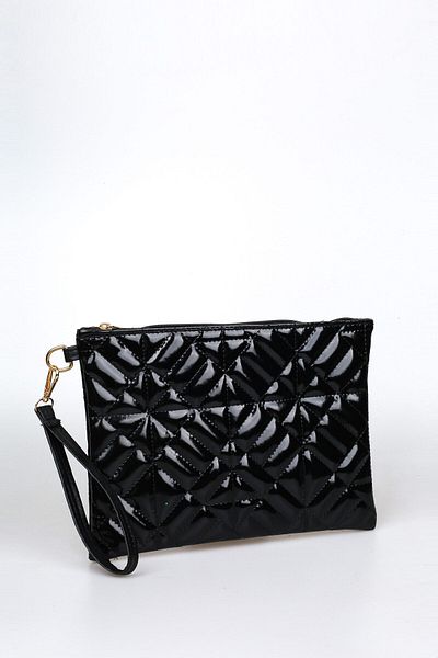 Bagfoni Women's Black Patent Leather Geometric Patterned Portfolio Clutch Handbag