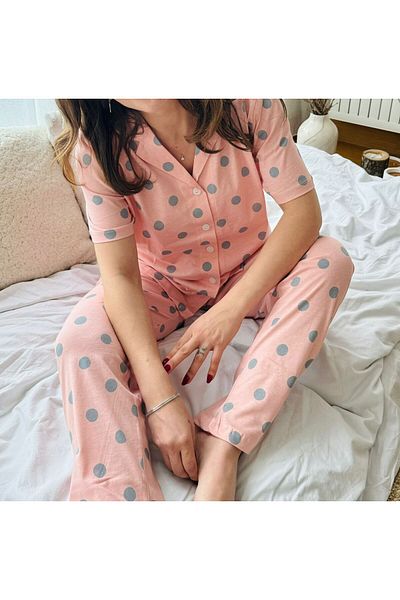 Moda Clubu Women's Short Sleeve Cotton Pajama Set - Salmon Polka Dot