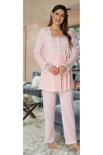 Effort Pijama طقم بيجامة بأكمام طويلة للحوامل والحوامل باللون الوردي - مع رداء صباحي 2401