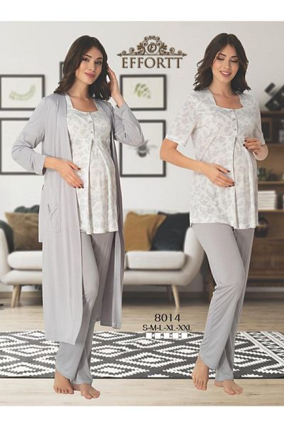 Effortt Women's Gray Pattern Maternity 3-Piece Pajamas Set with Dressing Gown