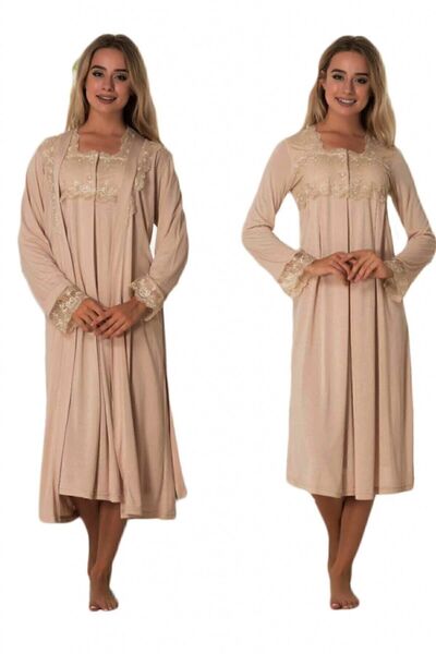 E&C HAMİLE ÇARŞISI Women's Long Sleeve Milk Coffee Mina Maternity Nightgown Dressing Gown Set