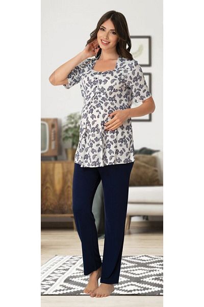 kaktüslohusa Effort Women's Navy Blue Maternity Pajama Set 8012