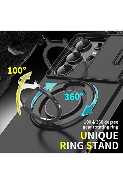 Deppo Trend Samsung Galaxy S22 Ultra Uyumlu Kılıf Kamera Korumalı Sürgülü 360 Dönebilen Magsafe Stand Tank Kapak