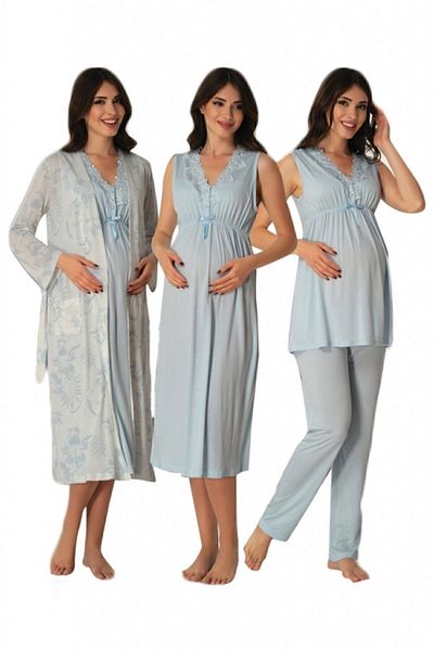 E&C HAMİLE ÇARŞISI Maternity Bazaar Effort Maternity Nightgown Pajama Set with Blue Dressing Gown 8036