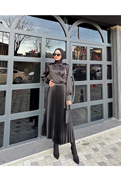 Genel Markalar Kadın Model Saten Ince Piliseli Etek