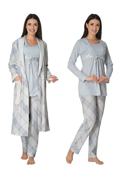 Effortt 8084 Set cămașă de noapte din 3 piese pentru maternitate turcoaz pent...