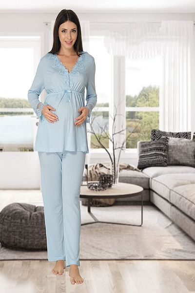 kaktüslohusa Set pijama de maternitate pentru femei, albastru cu mânecă lungă, cu halat 8094
