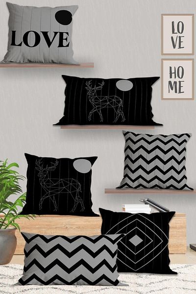 Belle Benoit Set de huse de perne dreptunghiulare, dreptunghiulare, 30 x 50 și 43 x 43, 6 bucăți, modern, negru gri