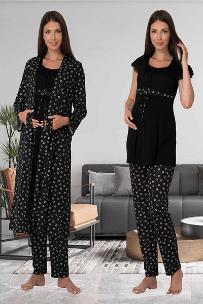 Effortt Mayss Collections 6014 Black Color Blue Maternity Pajamas Set with Dressing Gown