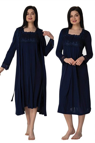 Effortt Navy Blue Maternity and Maternity Long Sleeve Nightgown and Dressing Gown Set - 2402