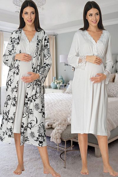 Effort Pijama طقم Zerre Bebe Ecru للأمومة والحوامل - ثوب نوم وأكمام طويلة 8095