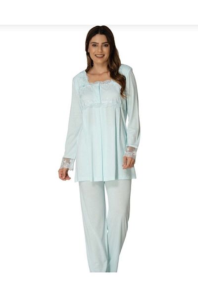 Effortt Women's Mint Green Effortt 2403t Turquoise Robe Lace Maternity Pajamas Set