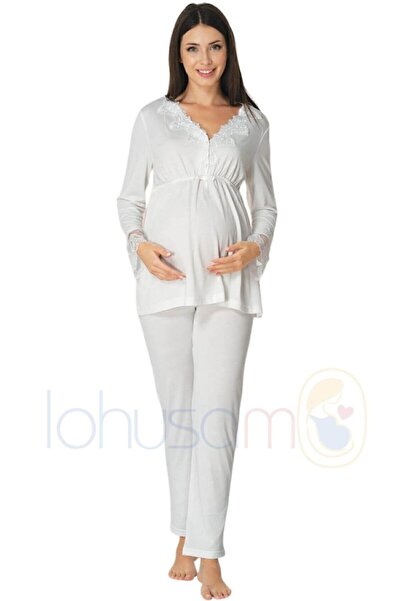 Effortt 8092 Lace Decorated Ecru Maternity Pajama Set