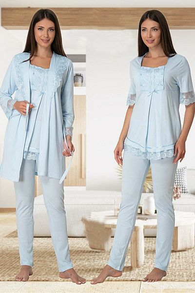 Effortt Mayss Collections 6034 Blue Maternity Pajamas Set with Breastfeeding Feature and Dressing Gown