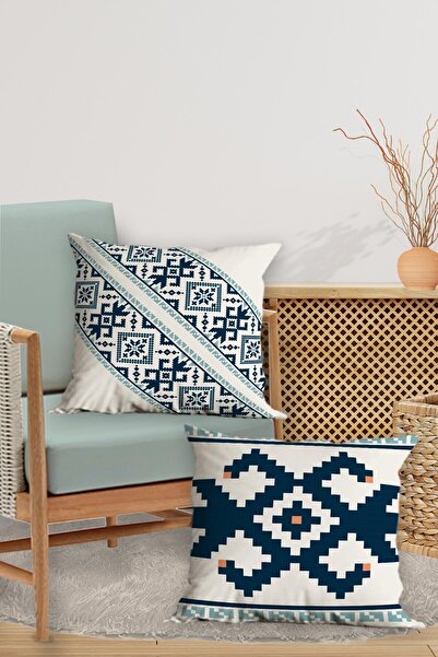 Belle Benoit Σετ μαξιλαροθήκη με μαξιλάρι 4 τεμαχίων διπλής όψης με ψηφιακή εκτύπωση μπλε λευκό σχέδιο – με φερμουάρ, 43x43 cm