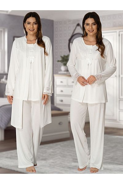Effortt Ecru Collar Detailed Maternity Maternity Pajamas Set with Dressing Gown