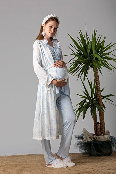 Effortt Mavi Desenli Sabahlıklı Lohusa Pijama Takımı