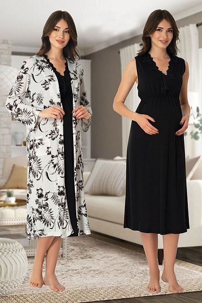 Effort Pijama Cămașă de noapte de maternitate cu model cireș Effortt 8035 cu halat