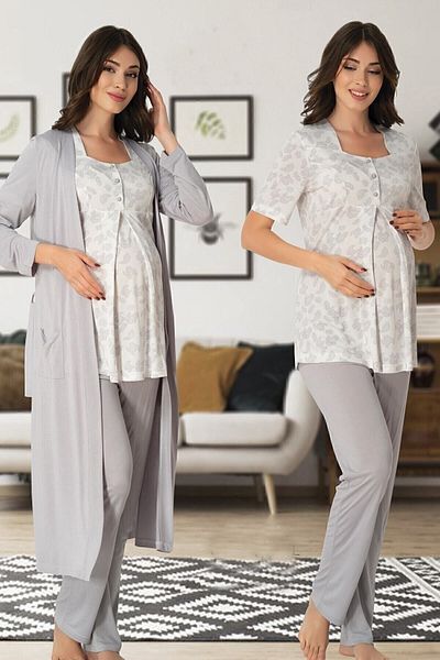 Effortt Short Sleeve Patterned Maternity Pajamas Dressing Gown Set Effort 8014-grey