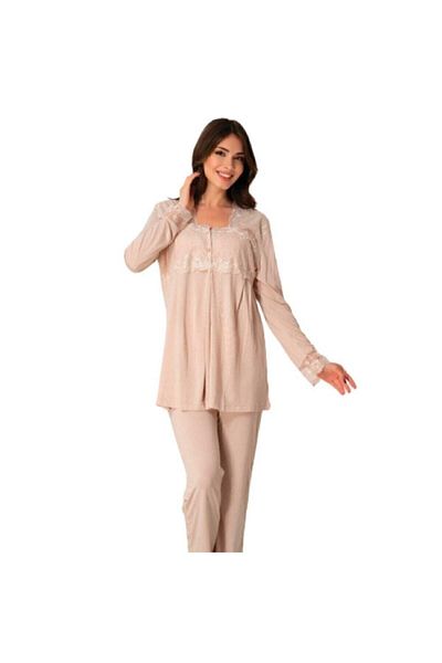 Effortt Women's Milk Brown Lace Maternity Top and Bottom Pajama Set