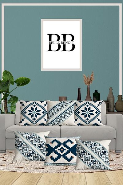 Belle Benoit Set de 6 design albastru și alb cu imprimeu dublu față, decorativ, husă de pernă pentru canapea, husă de pernă