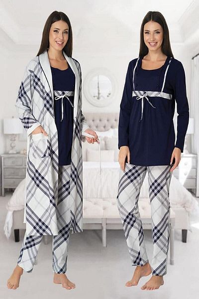 Effort Pijama Lohusa Dunyasi Effort Navy Blue Maternity Pajama Set - Dressing Gown 8084