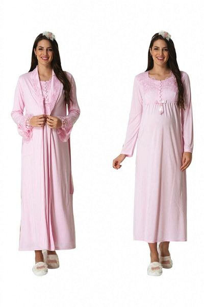 HAMİLE ÇARŞISI Pink Maternity Nightgown Set with Mecit Dressing Gown 5417