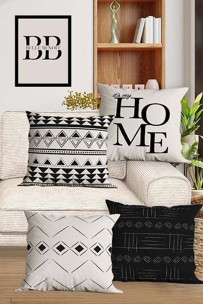 Belle Benoit White Black Design Double Sided Printed Decorative 4-Piece Sofa Pillowcase Throw Pillow Cover Set
