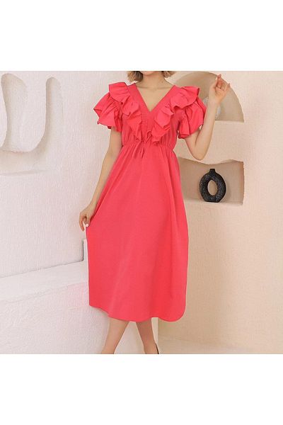 msm fashion Γυναικείο καλοκαιρινό φόρεμα μεσαίου μήκους - κοντό μανίκι, λαιμόκοψη V, ελαστική μέση